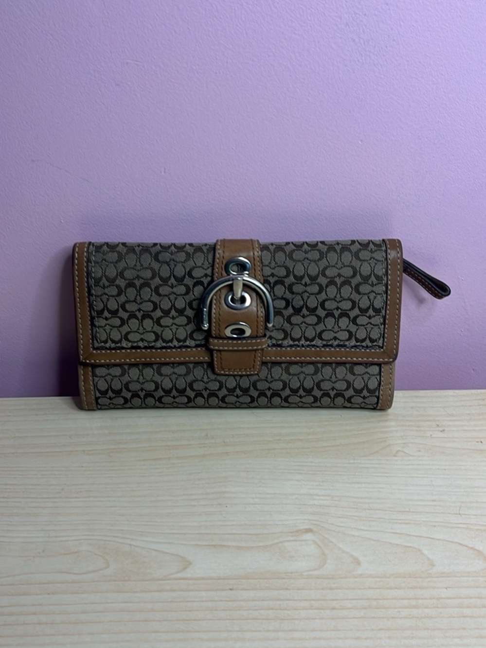 Coach Brown Signature Canvas Wallet with Tan Leather Trim